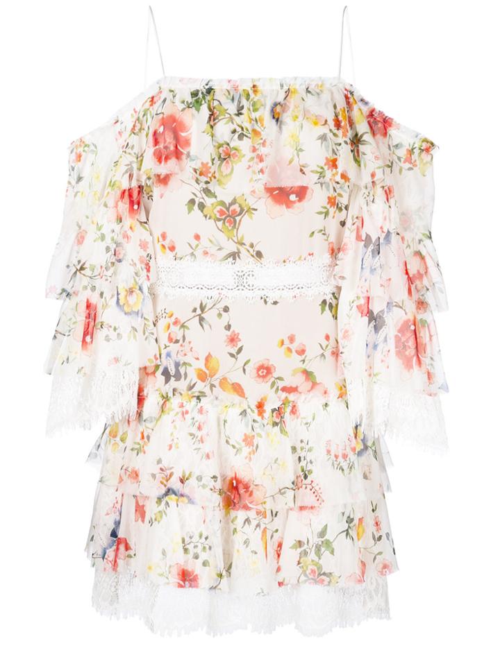 Alice+olivia Floral-print Ruffled Lace-trimmed Mini Dress - Nude &