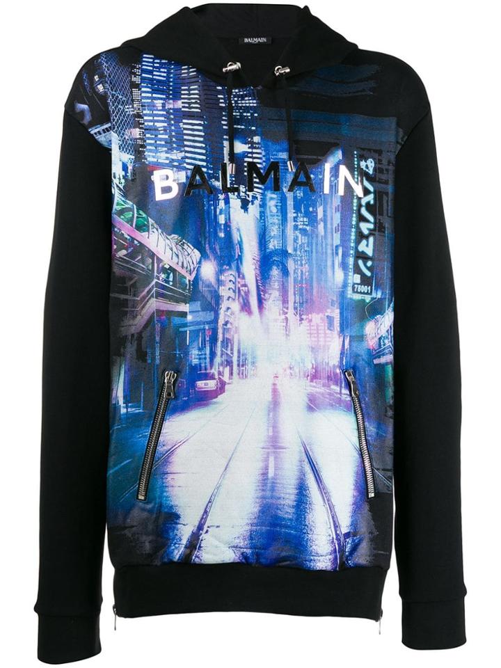 Balmain Skyline Print Hoodie - Black