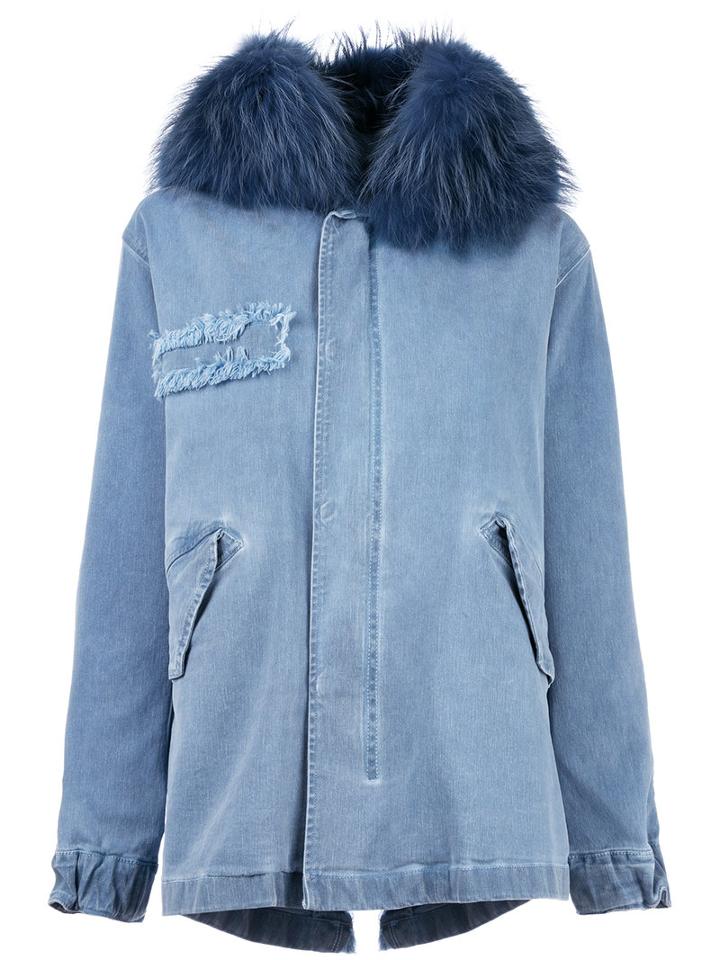 Mr & Mrs Italy Furry Trim Jacket, Women's, Size: Xs, Blue, Cotton/racoon Fur/spandex/elastane