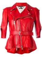 Alexander Mcqueen Belted Biker Jacket, Women's, Size: 42, Red, Lamb Skin/silk