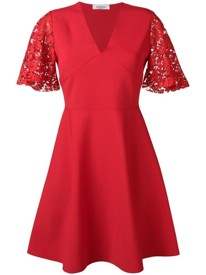 Valentino Lace Sleeve Dress - Red