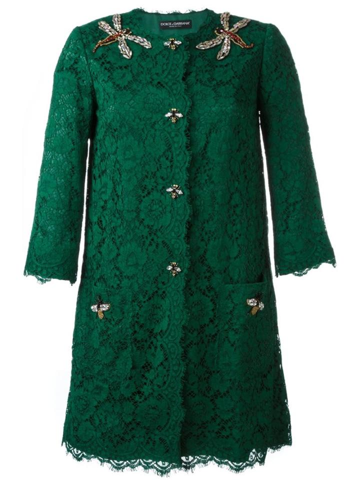 Dolce & Gabbana Floral Lace Midi Coat, Women's, Size: 42, Green, Cotton/viscose/polyamide/silk