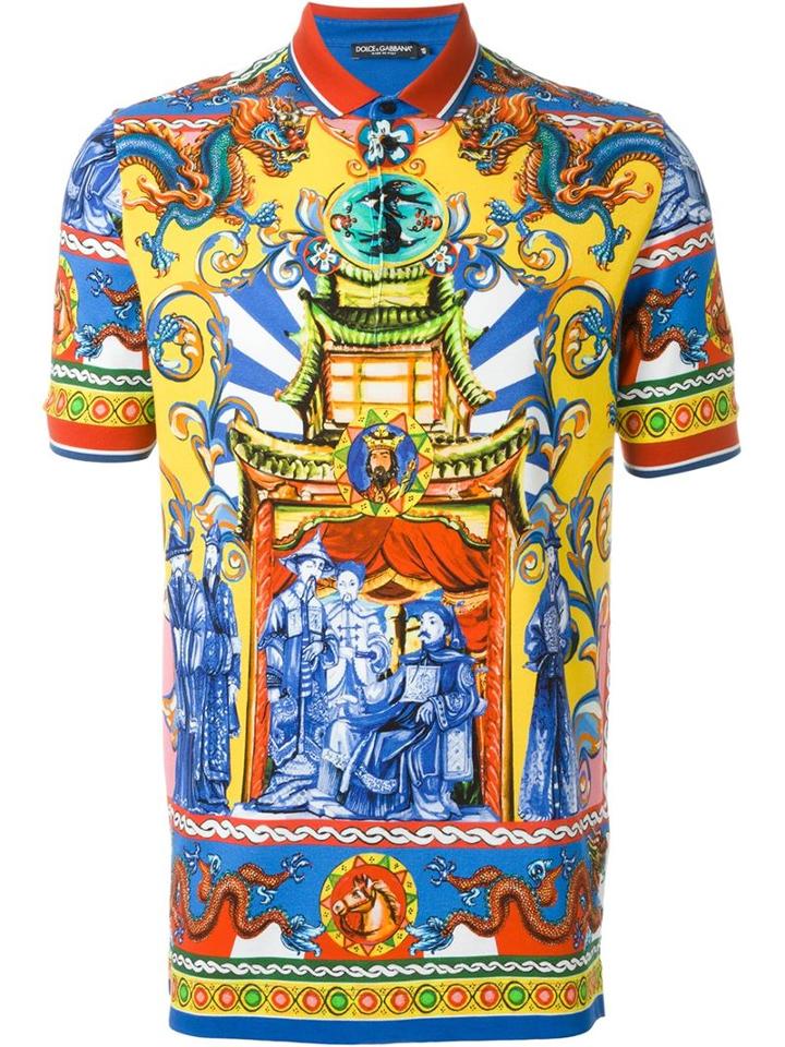 Dolce & Gabbana Carretto Siciliano Print Polo Shirt, Men's, Size: 46, Cotton/leather