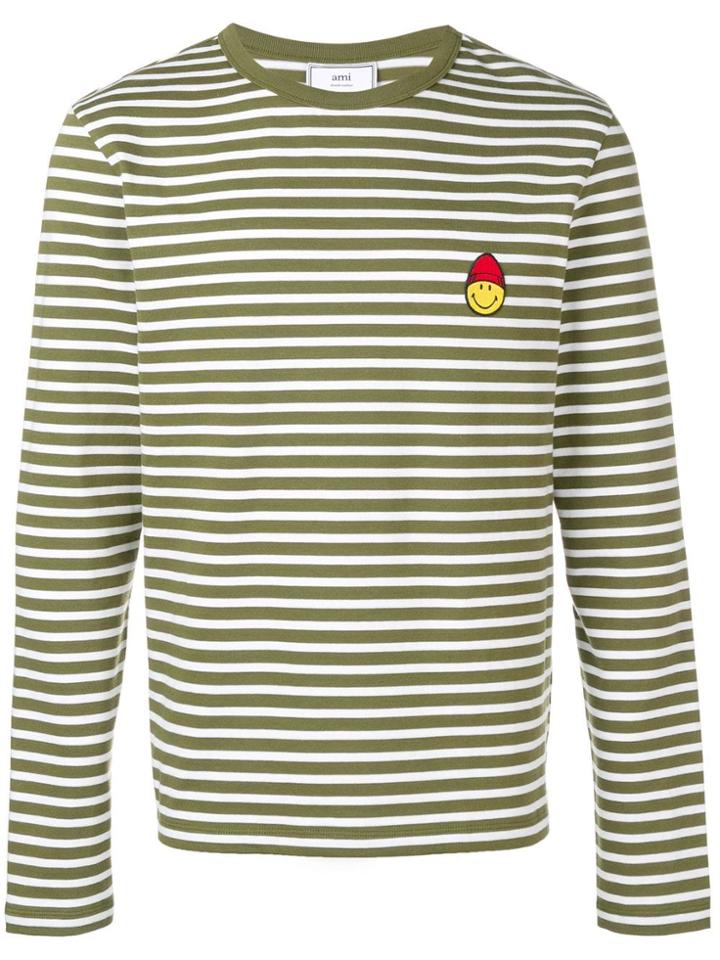 Ami Paris Long Sleeved Striped T Shirt With Smiley Patch - Green