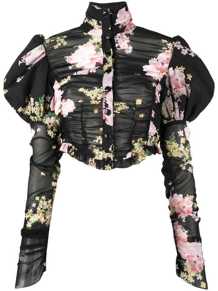 Alessandra Rich Floral Print Puffy Sleeve Blouse, Women's, Size: 38, Black, Silk/spandex/elastane