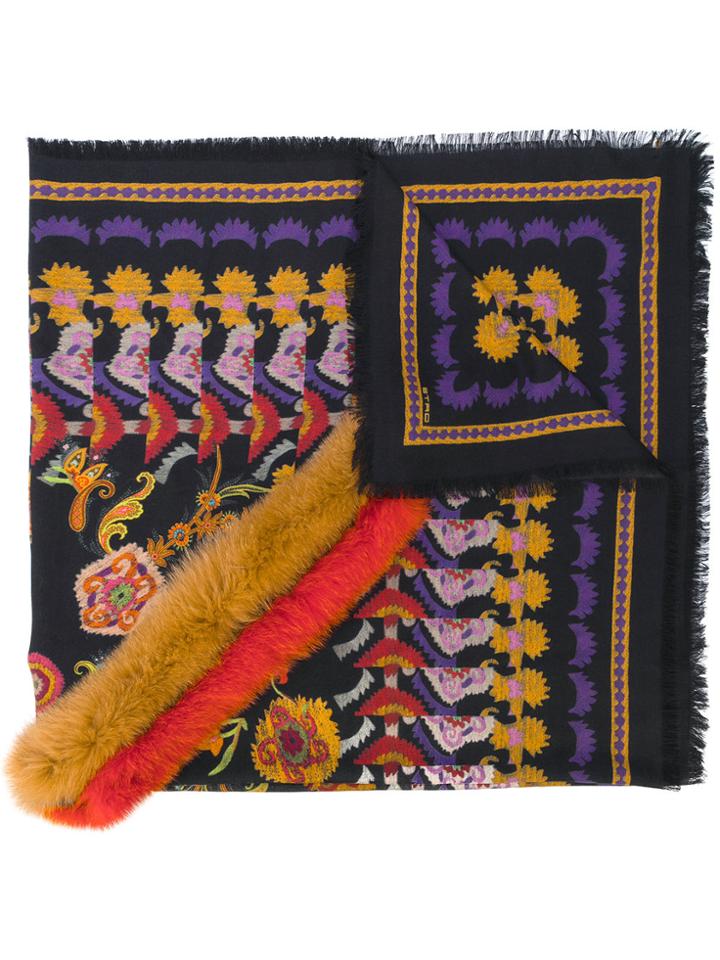 Etro Fox Fur Trim Paisley Scarf - Black