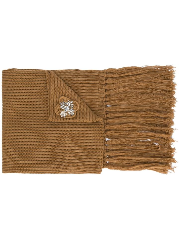 Twin-set Brooch Embellished Fringed Scarf - Brown