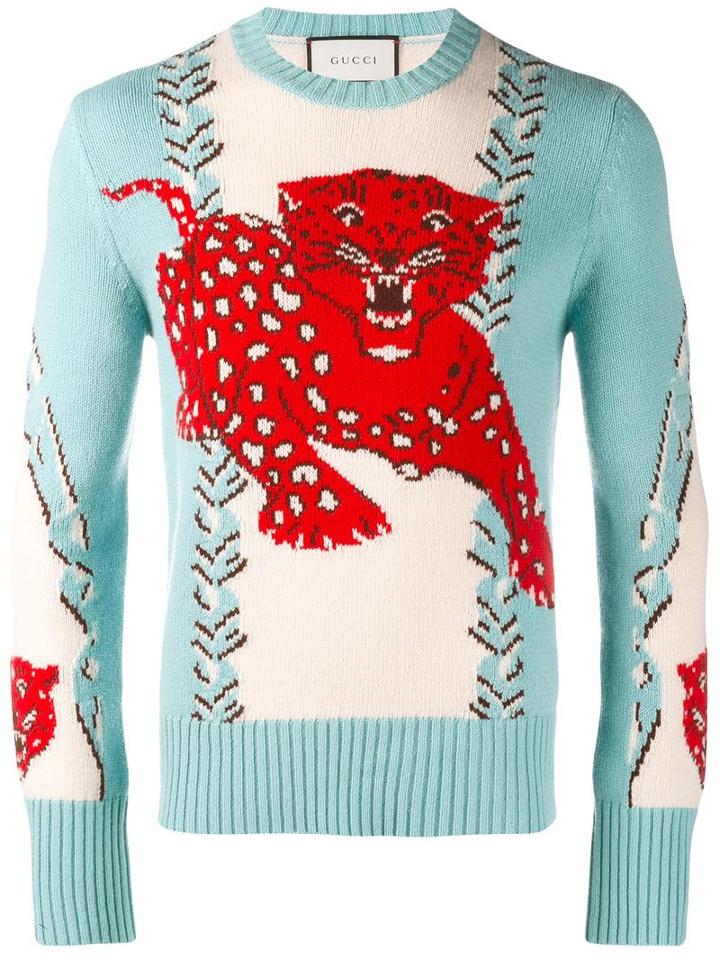 Gucci Tiger Chinoiserie Jumper, Men's, Size: Large, Blue, Wool