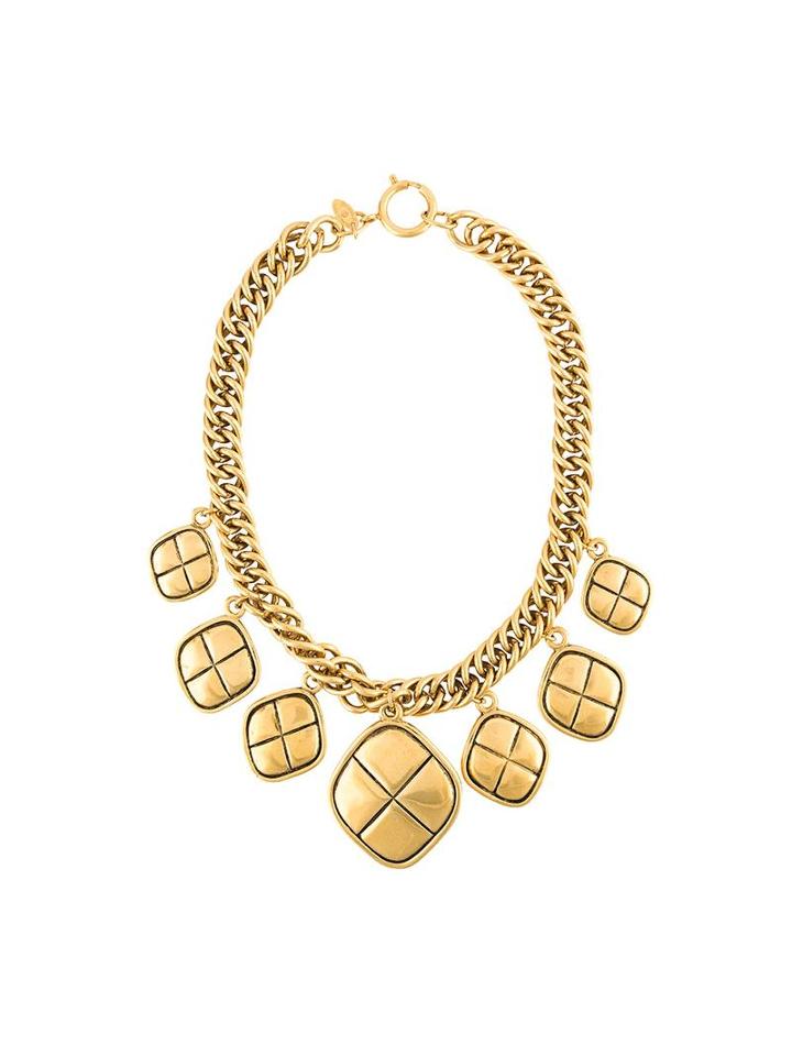 Chanel Vintage Quilted Medallion Necklace, Women's, Metallic