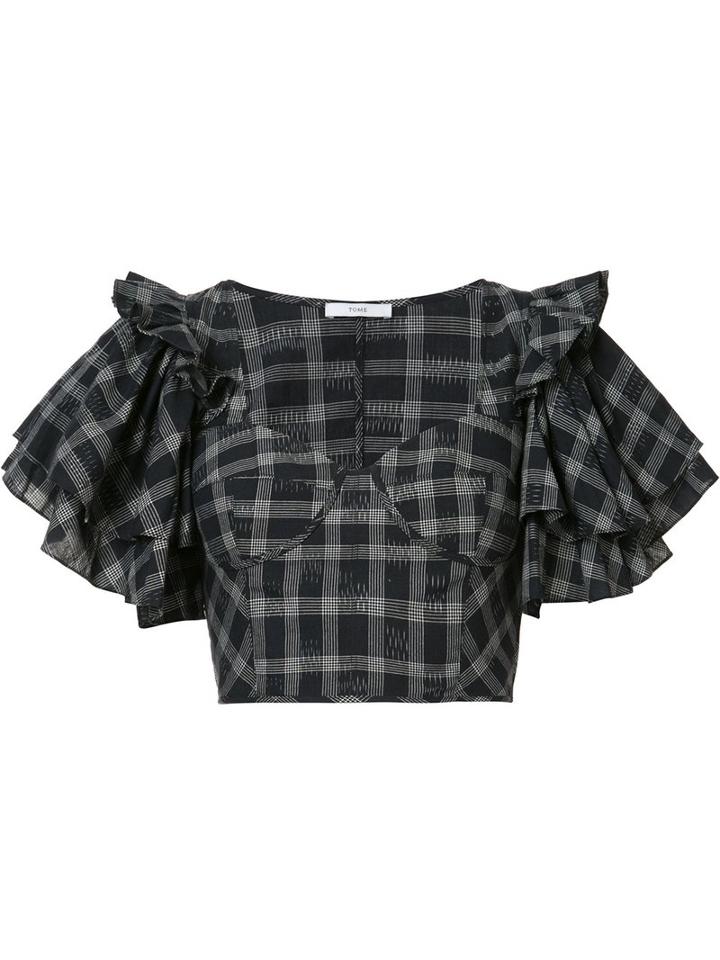 Tome - Ruffle Sleeve Cropped Top - Women - Cotton - 0, Black, Cotton