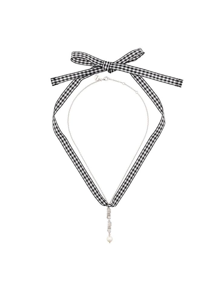 Miu Miu Swarovski Crystal Logo And Pearl Necklace - Metallic