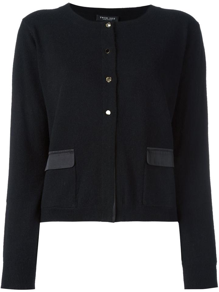 Twin-set Flap Pockets Cropped Cardigan, Women's, Size: Xl, Black, Silk/cashmere/wool