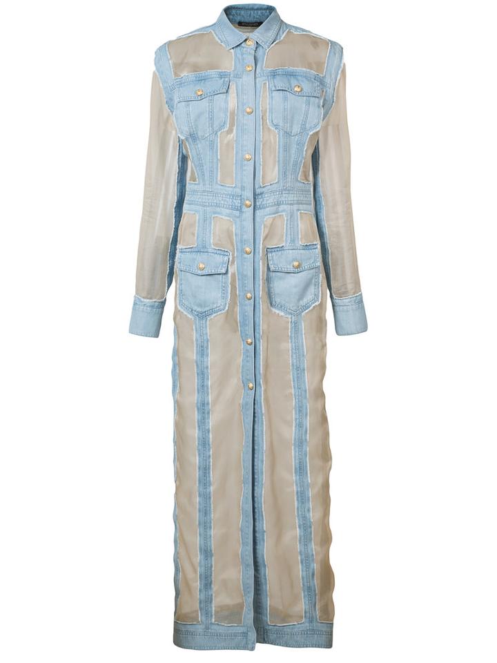 Balmain Silk Inset Shirt Dress, Women's, Size: 40, Blue, Silk/cotton