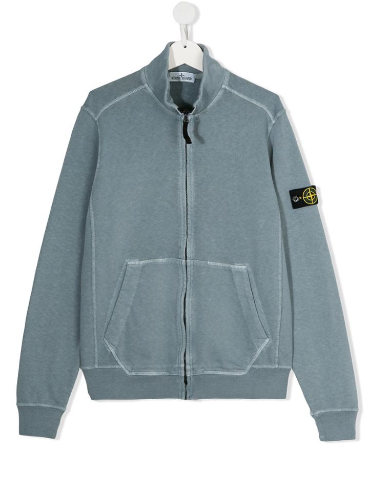 Stone Island Junior Logo Patch Zip-up Hoodie - Blue