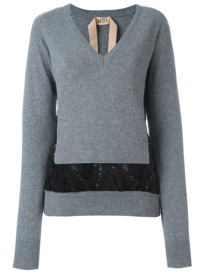 No21 Lace Panel Jumper, Women's, Size: 42, Grey, Virgin Wool