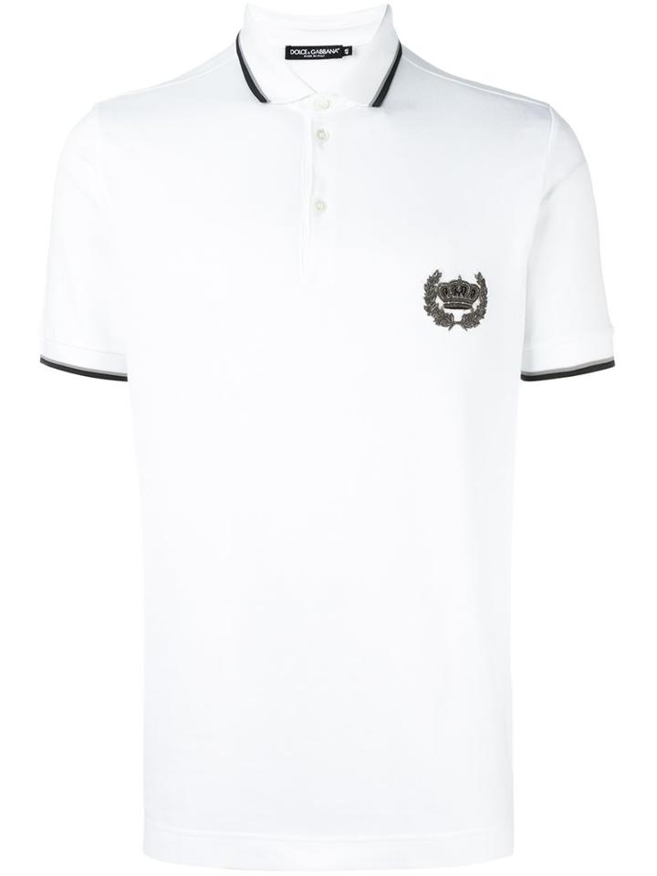 Dolce & Gabbana Embroidered Crown Polo Shirt, Men's, Size: 46, White, Cotton/copper/metallic Fibre/polyester