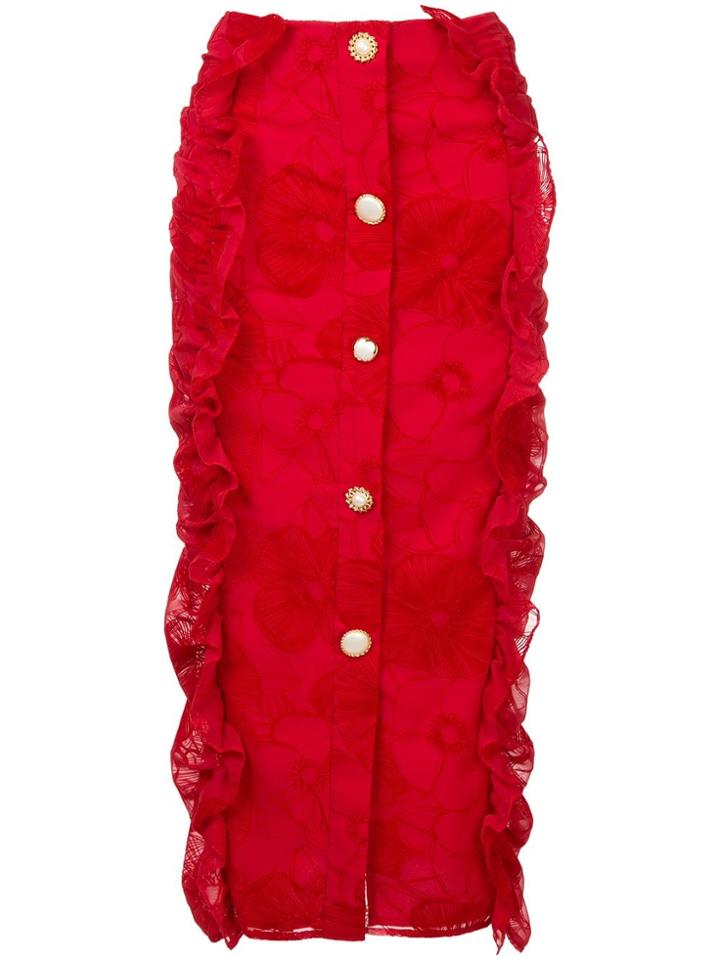 Mother Of Pearl Ruffled Pencil Skirt - Red