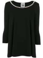 Twin-set - Top With Pearl Neckline - Women - Cotton/spandex/elastane - Xl, Black, Cotton/spandex/elastane