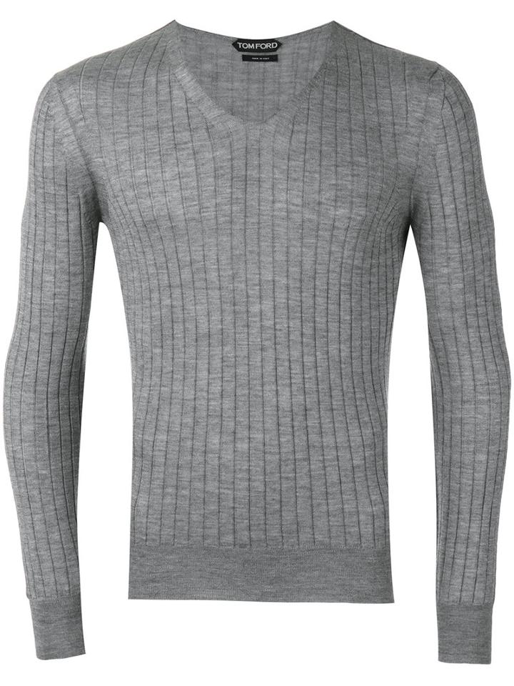 Tom Ford Ribbed V-neck Jumper, Men's, Size: 52, Grey, Silk/cashmere