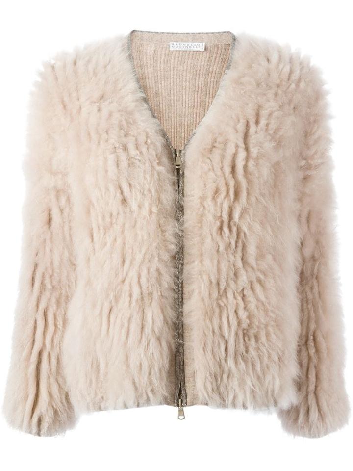 Brunello Cucinelli Goat Fur V Neck Jacket, Women's, Size: Xs, Nude/neutrals, Goat Fur/cashmere/brass