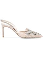 René Caovilla Embellished Lace Slingback Pumps - Nude & Neutrals