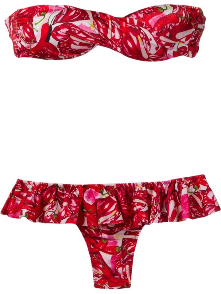 Isolda Floral And Pepper Print Bandeau Bikini Set, Women's, Size: P, Red, Polyamide/spandex/elastane