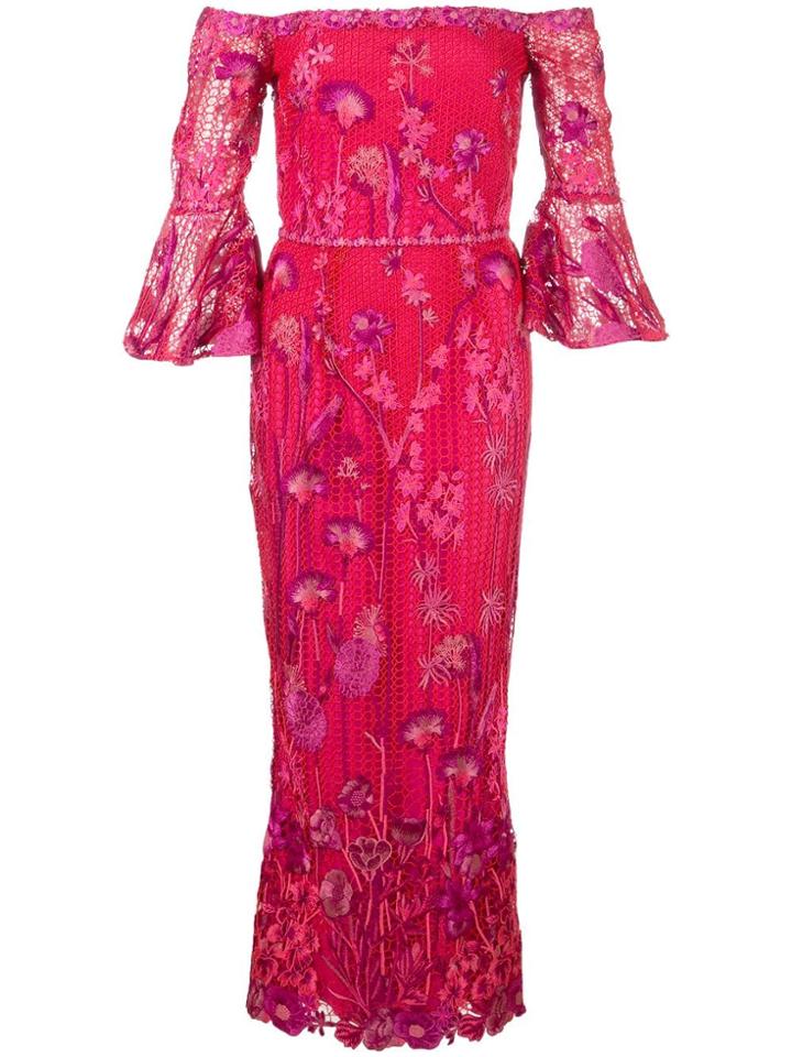 Marchesa Notte Floral Midi Dress - Red