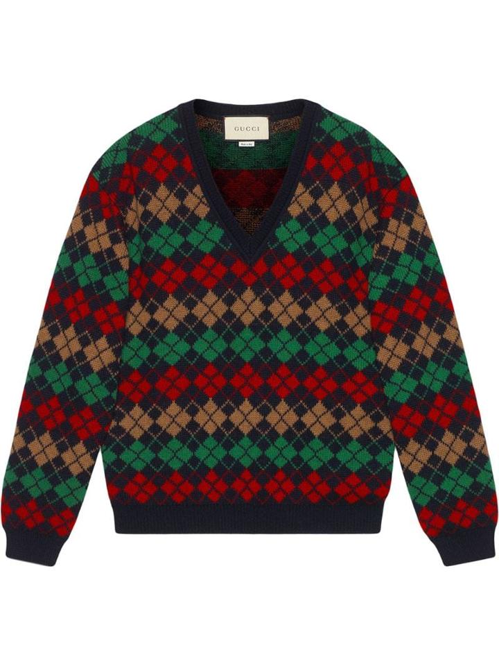 Gucci Argyle Alpaca Wool V-neck Jumper - Blue