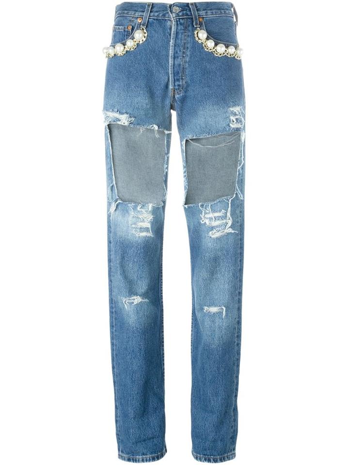 Forte Couture Pearl Detail Cut Out Detail Distressed Jeans, Women's, Size: 29, Blue, Cotton/metal Other/plastic