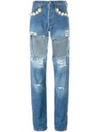 Forte Couture Pearl Detail Cut Out Detail Distressed Jeans, Women's, Size: 29, Blue, Cotton/metal Other/plastic