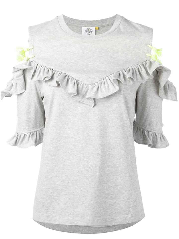 Steve J & Yoni P - Open Shoulder Ruffle Top - Women - Cotton - M, Grey, Cotton