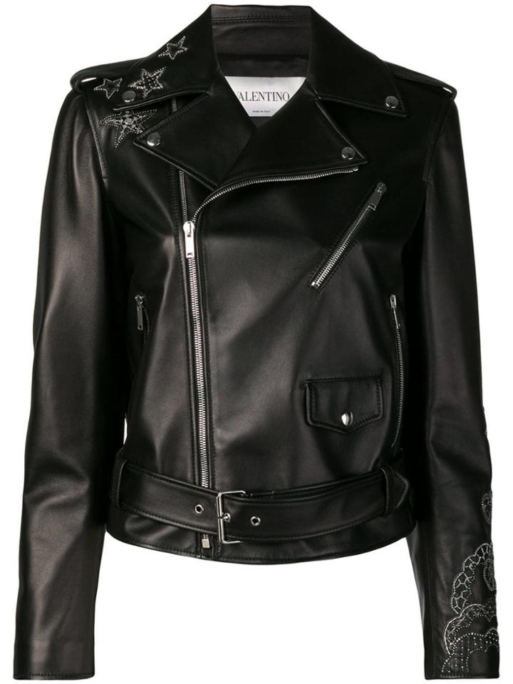 Valentino Embellished Detail Leather Jacket - Black