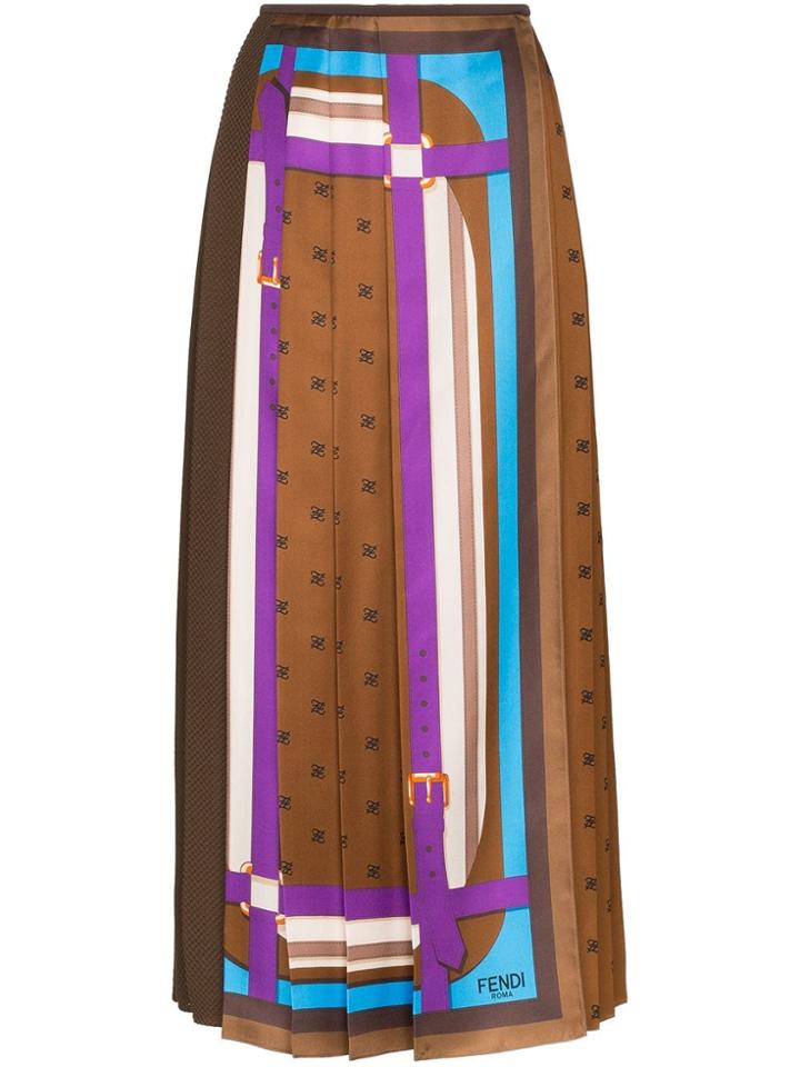 Fendi Monogram Print Pleated Skirt - Brown