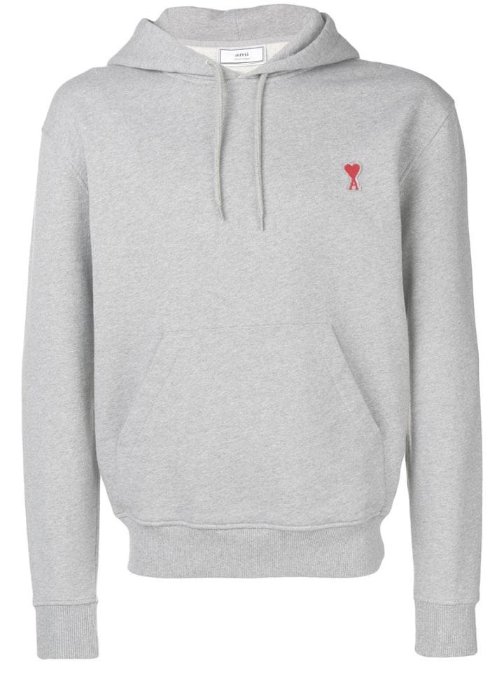 Ami Paris Hoodie With Red Ami De Coeur Patch - Grey