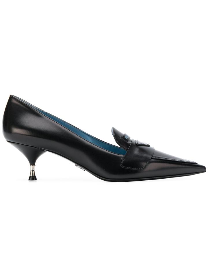 Prada Logo Patch Kitten Heel Pumps - Black