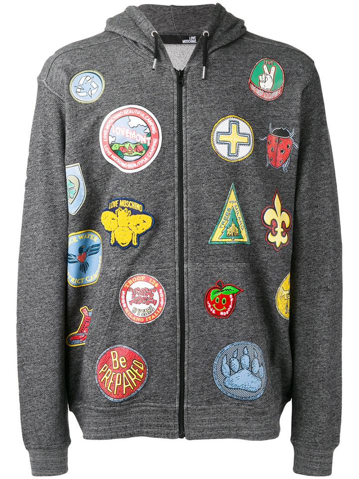 Love Moschino Multi Patch Hoodie, Men's, Size: Large, Grey, Cotton