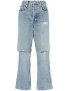 Re/done Low Slung Cropped Jeans With Slashed Knee - Blue