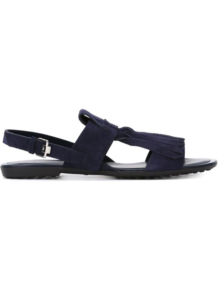 Tod S Fringed Flat Sandals, Women's, Size: 38.5, Blue, Suede/rubber