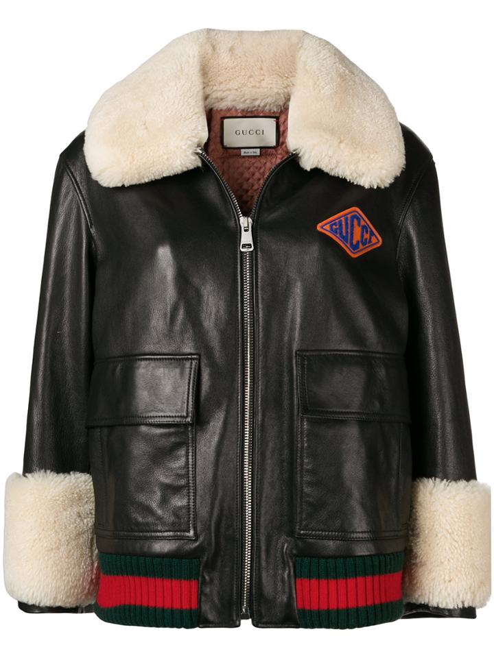 Gucci Web-trim Leather Bomber Jacket - Black