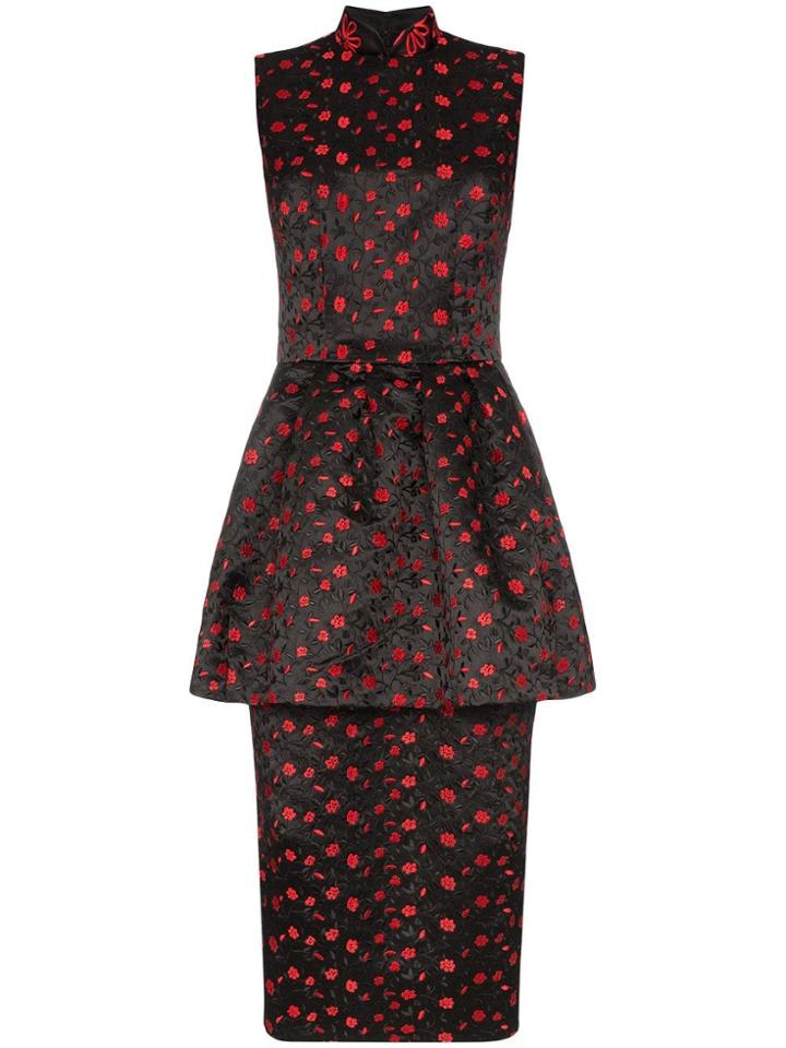 Simone Rocha Floral Embroidered Mock Neck Peplum Dress - Black