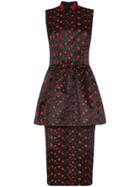 Simone Rocha Floral Embroidered Mock Neck Peplum Dress - Black