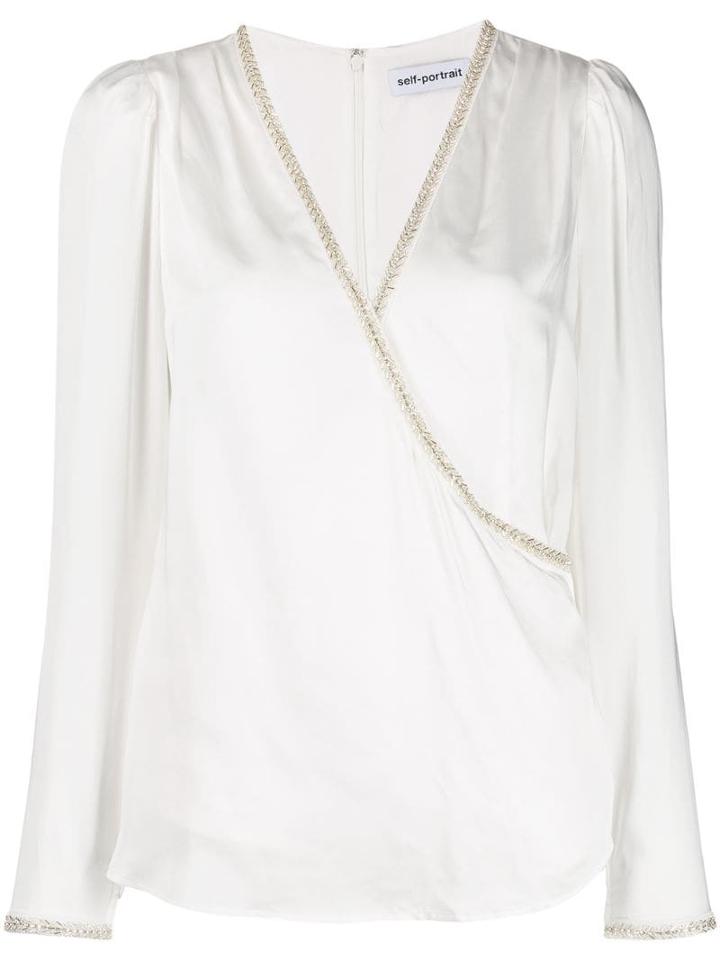 Self-portrait Embellished V-neck Top - White
