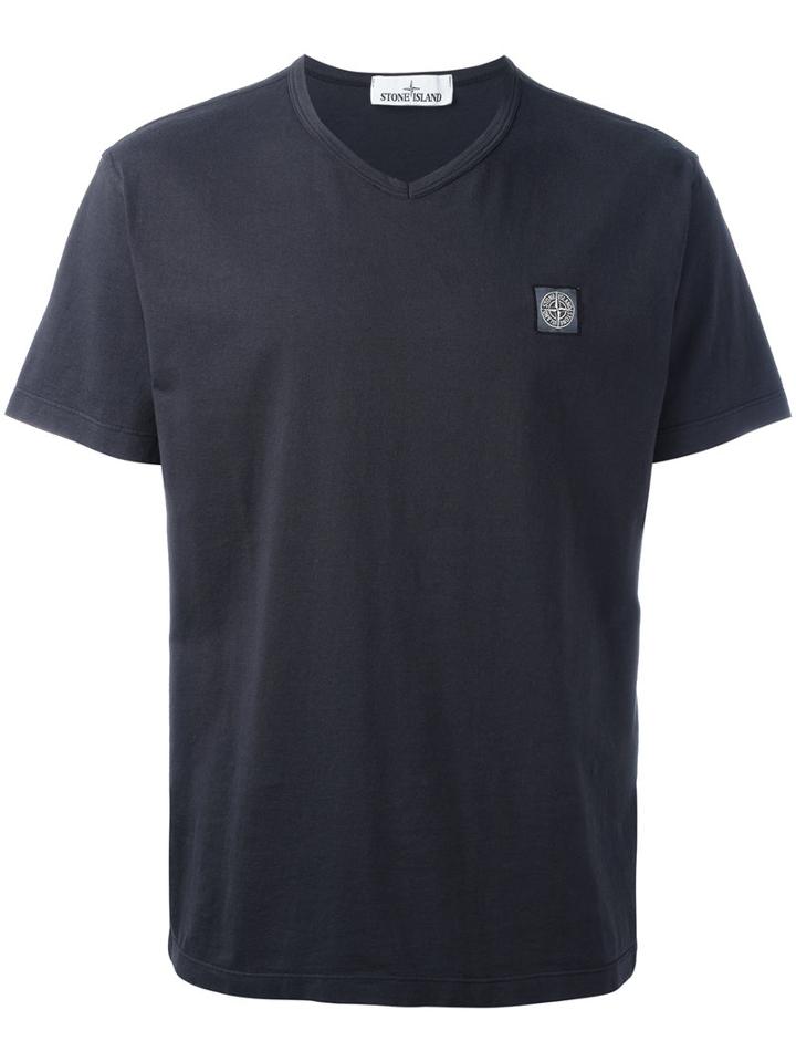 Stone Island V-neck Logo T-shirt, Men's, Size: Small, Blue, Cotton