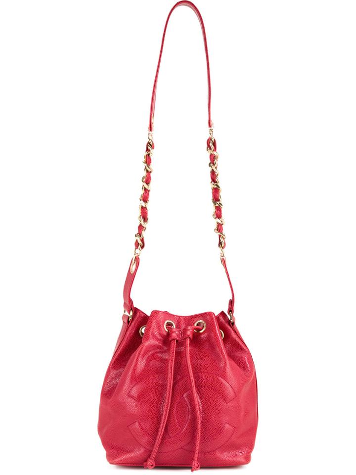 Chanel Vintage Cc Drawstring Chain Bucket Bag - Red
