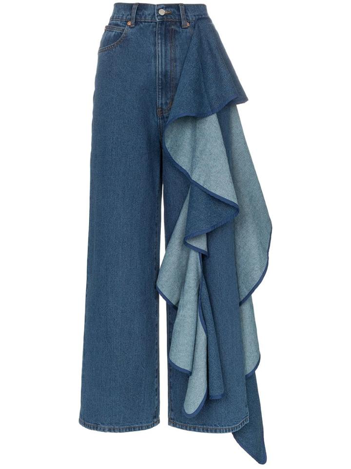 Solace London Tay High Waisted Wide Leg Ruffle Detail Jeans - Blue