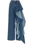 Solace London Tay High Waisted Wide Leg Ruffle Detail Jeans - Blue