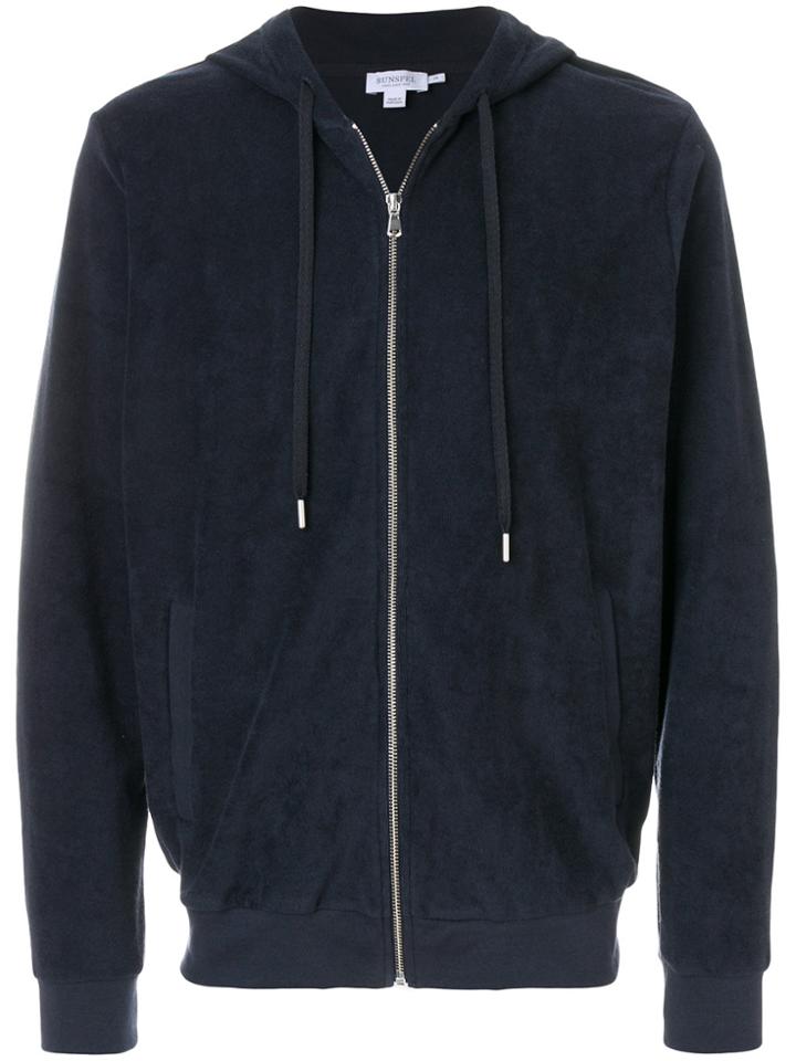 Sunspel Zipped Drawstring Hoodie - Blue