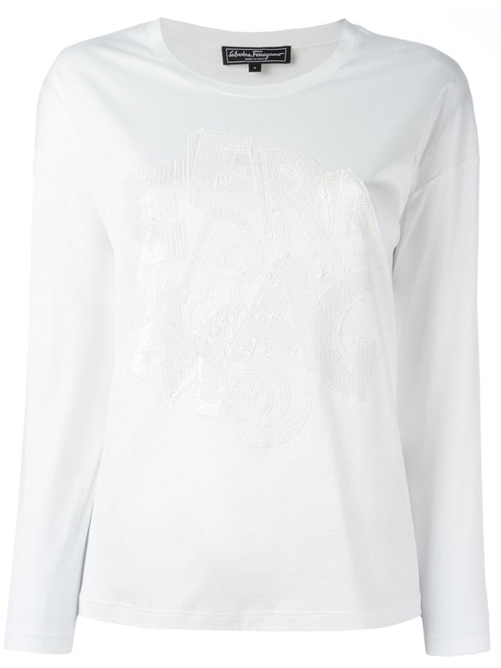 Salvatore Ferragamo Sequinned Logo Top, Women's, Size: Large, White, Cotton
