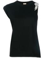 Nude Crystal Embellished Asymmetric T-shirt - Black