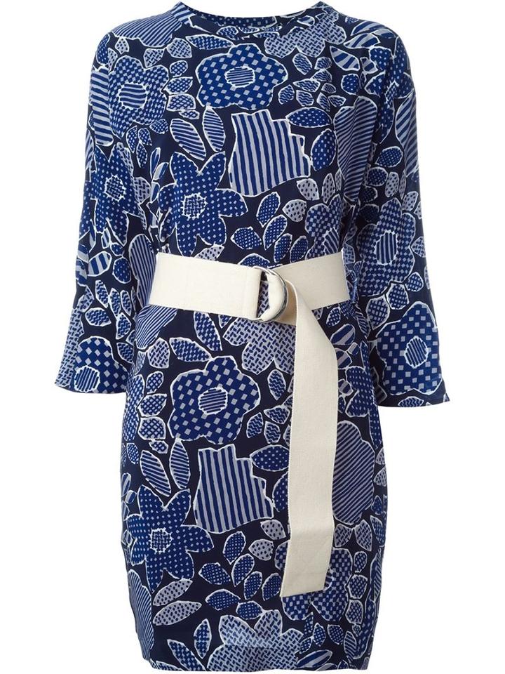 Erika Cavallini Floral Print Belted Dress, Women's, Size: 38, Blue, Silk/acetate/polyester